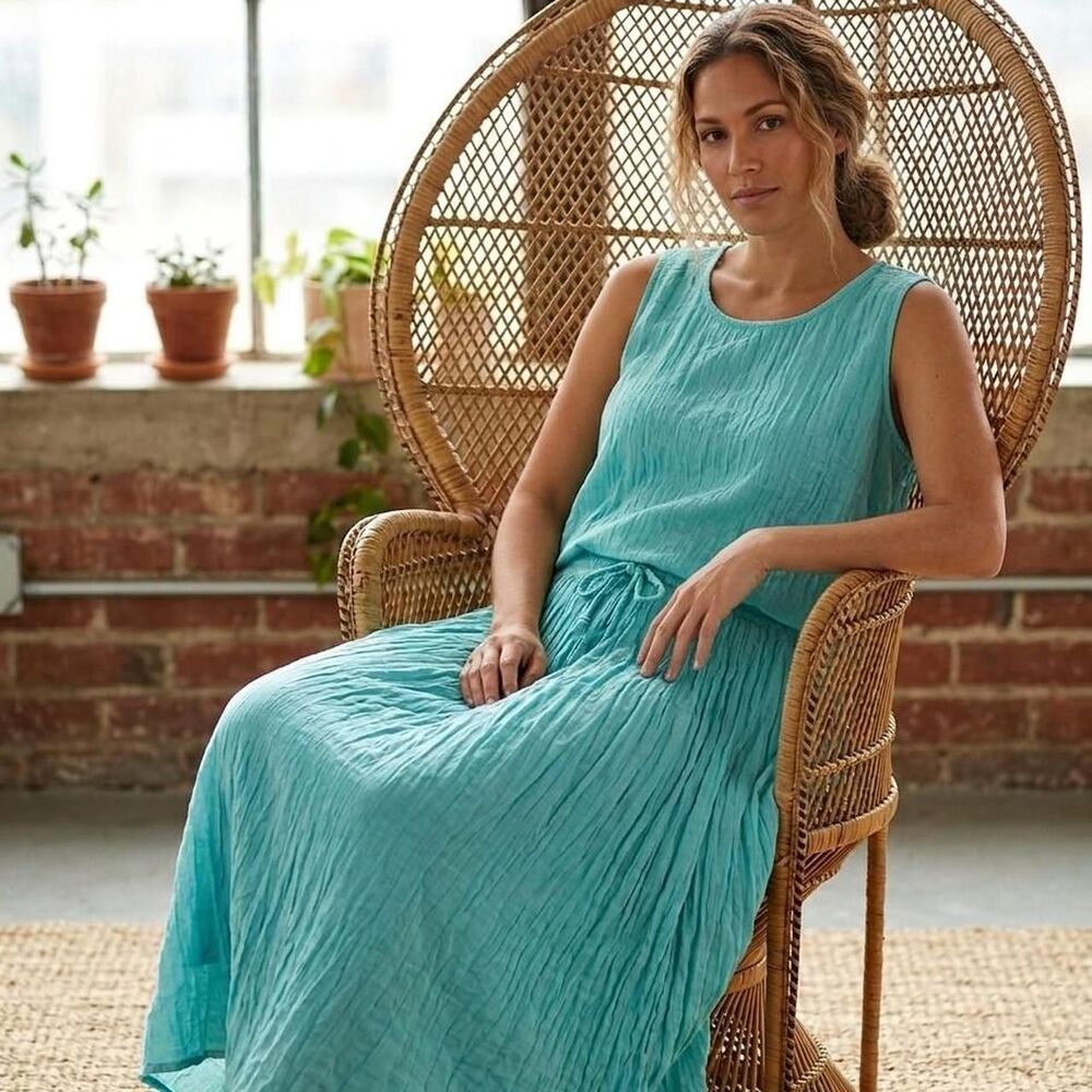 Stefano Crinkle Cotton 2 Piece Set Top 20W skirt 2X loose gauzy flowy coastal